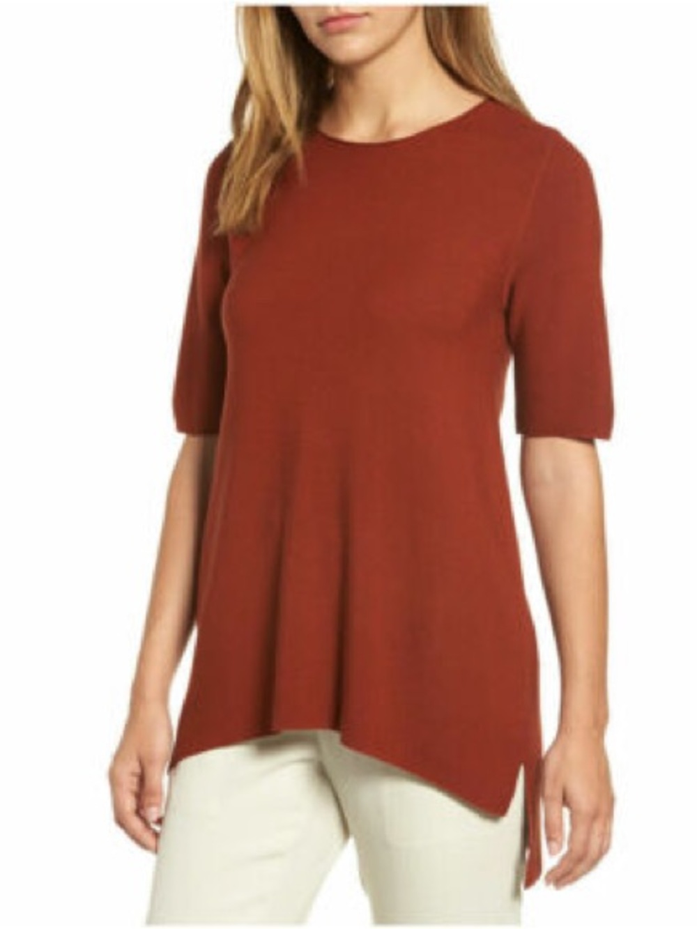 EILEEN FISHER Paprika Orange Tencel  Knit High Low Tee Sweater Tunic Top Fall